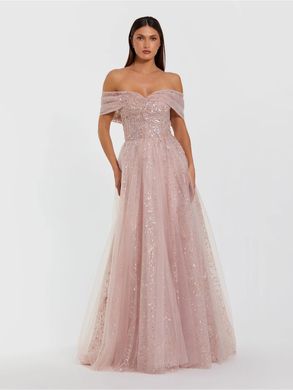 MAC DUGGAL Pink Embroidered Tulle Off The Shoulder Ball Gown